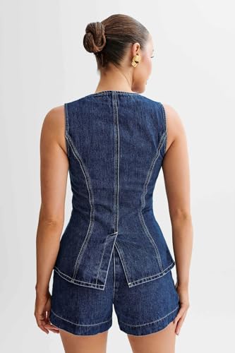 41iXCEt7JWL.jpg Womens Denim 2 Piece Set Sleeveless Button Down Vest Tops Short Pants Suit Sets
