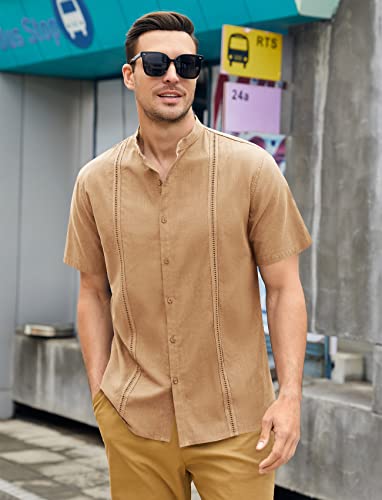 Mens Short Sleeve Cuban Camp Guayabera Shirt Linen Cotton Hippie Beach Button Down Shirts