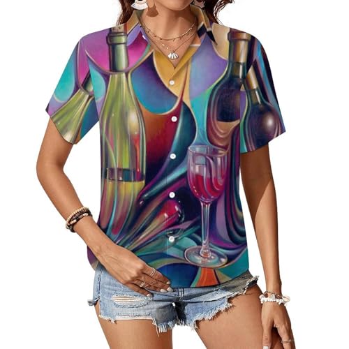 Wine Glasses Women's Button Down Shirts Short Sleeve Casual Summer Blouses Tops