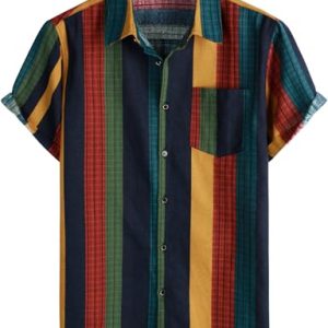 Men's Cotton Linen Vintage Pattern Printed Old Style Shirt Casual Short Sleeve Button Down Retro Shirts