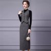 Women Elegant Office and Business Suit V-Neck Long-Sleeved Single-Breasted Tank Skirt 2 Piece Set