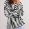 Womens Oversized Striped Button Down Shirts Boyfriend Long Sleeve Collared Work Blouses