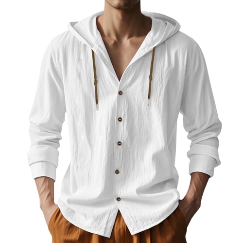 Men Cotton Linen Long Sleeve Button Down Shirt Summer Casual Hawaiian Beach Tops Lightweight Fashion Hoodies