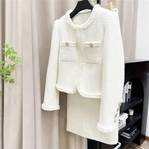 Women White Suit Tweed Jacket + Skirt Spring/Autumn Coat Business Ladies 2 Piece Skirt Sets