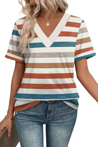 Womens Summer Tops Short Sleeve Basic Casual V Neck T Shirts Trendy Fashion 2025