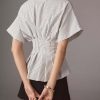 Casual Striped Button Down Shirts for Women Lapel V Neck Pleated Short Sleeve Blouse Peplum Tops Business Work Tops