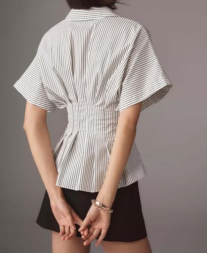 Casual Striped Button Down Shirts for Women Lapel V Neck Pleated Short Sleeve Blouse Peplum Tops Business Work Tops