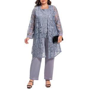 Plus Size Elegant Mother of The Bride Pant Suits Chiffon Pant with Women's Tank Top and Sequin Lace Jacket Evening Gown