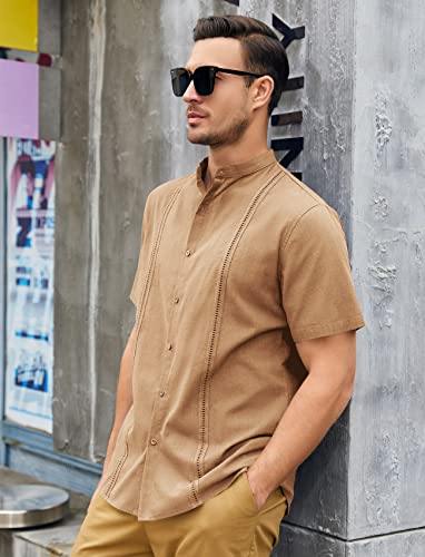 Mens Short Sleeve Cuban Camp Guayabera Shirt Linen Cotton Hippie Beach Button Down Shirts