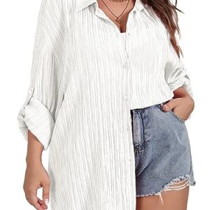 Women Plus Size Button Down Shirts Long Roll Up Sleeve V Neck Collared Casual Blouses Oversized Shirt Tops