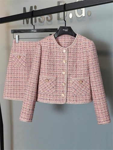Women Crop Top Woolen Short Jacket Coat Mini Skirts Sets Pink Two Piece Suits