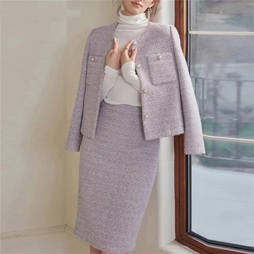 Women Purple Tweed Jacket + Skirt Suit Set Fringed Jacket Woolen Coat Autumn/Winter 2-Piece Set
