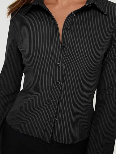 41s9SSYfAcL.jpg Women??s Button Down Shirts Striped Long Sleeve Collared Casual Work Blouses Tops 2025 Trendy Outfits