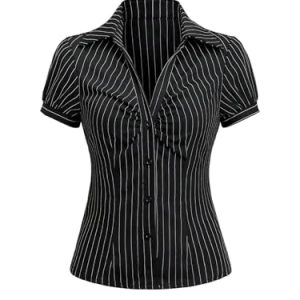 Women's Striped Button Down Shirt Ruched Short Sleeve Fitted Work Blouses