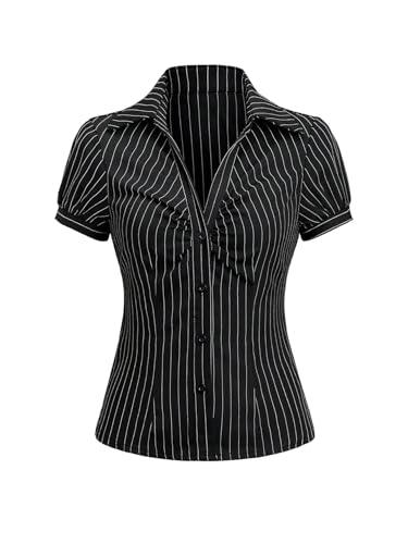 Women's Striped Button Down Shirt Ruched Short Sleeve Fitted Work Blouses