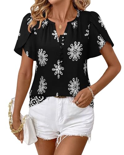 Womens Summer Tops Boho Short Sleeve Business Casual Blouses Button Down Floral Shirts Fashion Beach Vacation Clothes