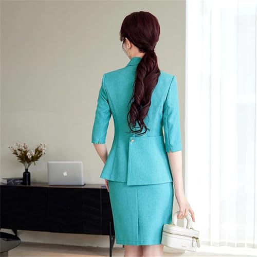 Women's Solid Lapel Button Half-Sleeved Slim Office Suit Jacket and Skirt Two-Piece Set