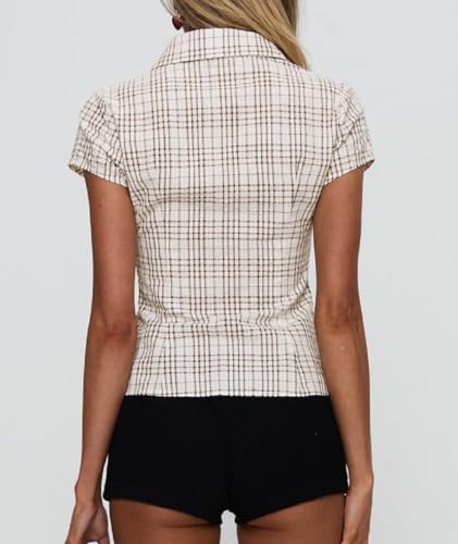 Women Y2K Cap Sleeve Button Down Shirt Slim Fit Crop Coquette Shirt V Neck 90s Vintage Preppy Blouse Top
