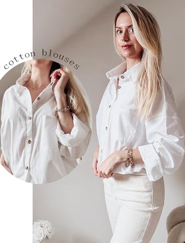 41vx0lXcW-L.jpg Womens Linen Button Down Shirt Casual Long Sleeve Cotton Blouse Loose Fit Collared Work Gauze Tops with Pocket