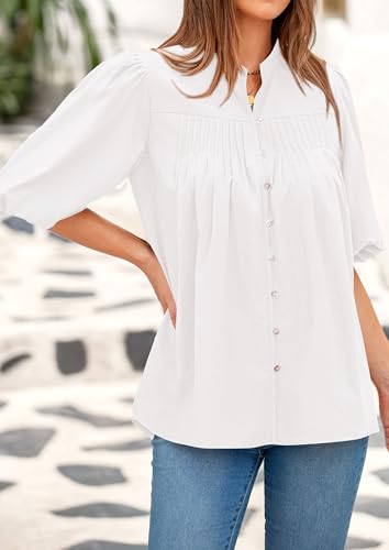 41waa3XAdXL.jpg Women's 2025 Summer Short Lantern Sleeve Tops Loose Fit Button Down Shirt Pleated V Neck Blouses Trendy Clothes
