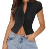 41wrCxQQDML.jpg Women's Button Down Shirt Cap Sleeve Tops for Women Button Up Ribbed Knit Slim Fit Casual Y2K Crop Going Out Top