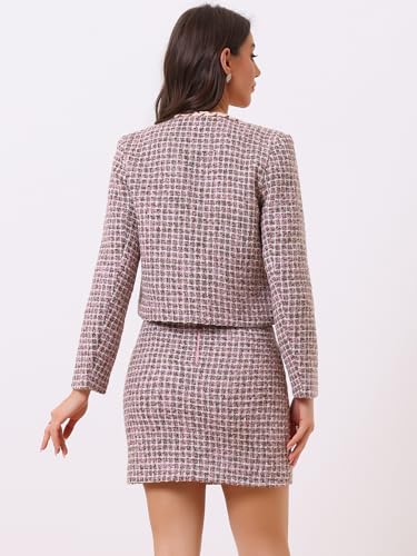 41xMMOv16vL.jpg 2 Piece Tweed Plaid Skirt Set for Women's Business Collarless Blazer and Mini Skirt Suit Sets