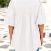 41y84AoiVL.jpg Women's 2025 Summer Short Lantern Sleeve Tops Loose Fit Button Down Shirt Pleated V Neck Blouses Trendy Clothes