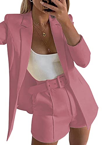 41zDtMeCqsL.jpg Blazer Shorts Set for Women 2 Piece Long Sleeve Open Front Blazers Short Suits Business Outfits with Belt