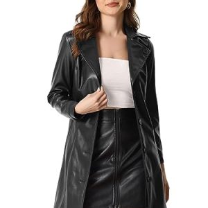 Faux Leather Long Jacket for Women's Notched Lapel Collar PU Trench Coat