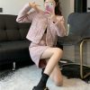 Women Crop Top Woolen Short Jacket Coat Mini Skirts Sets Pink Two Piece Suits