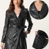 Faux Leather Long Jacket for Women's Notched Lapel Collar PU Trench Coat