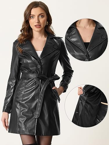 Faux Leather Long Jacket for Women's Notched Lapel Collar PU Trench Coat