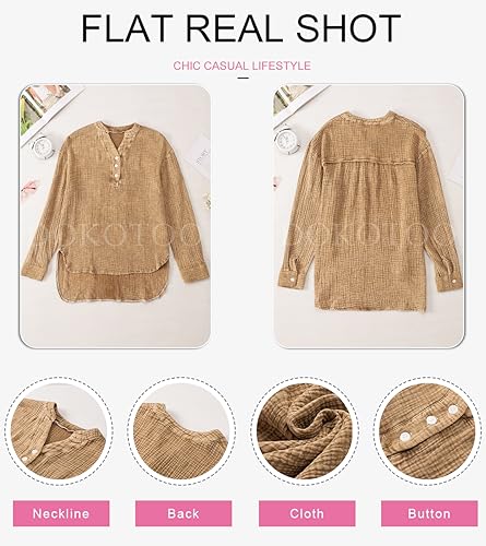 Womens Casual Button V Neck Long Sleeve Shirts Oversized Solid Blouses Tops