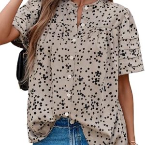 Womens Tops Summer Boho Floral Short Sleeve Button Down Shirts Crewneck Loose Vacation Dressy Casual Work Blouses