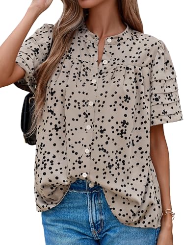 Womens Tops Summer Boho Floral Short Sleeve Button Down Shirts Crewneck Loose Vacation Dressy Casual Work Blouses