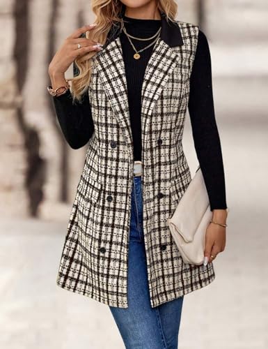 Womens Long Tweed Vest Fall Winter Sleeveless Blazer Jackets Trench Coat