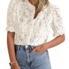 511T1bqmpSL.jpg Womens 2025 Spring Lace Tops Short Puff Sleeve Casual Dressy Blouses Eyelet Crew Neck Button Down Shirts