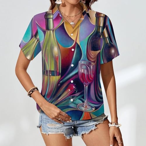 Wine Glasses Women's Button Down Shirts Short Sleeve Casual Summer Blouses Tops