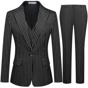 512GQhn3tlL.jpg Women's 3 Piece Striped Suit One Button Slim Fit Business Work Professional Blazer Jacket Vest Pants Set