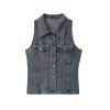 Retro Sleeveless Vest Waist Denim Wide Leg Pants Twopiece Suit for Women