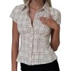 Women Y2K Cap Sleeve Button Down Shirt Slim Fit Crop Coquette Shirt V Neck 90s Vintage Preppy Blouse Top