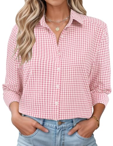 516nwMiTfZL.jpg Womens Long Sleeve Button Down Shirts Casual Loose Fit Cotton Collared Blouses
