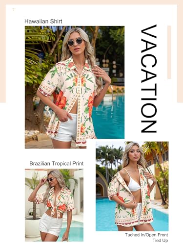 516vOUokkL.jpg ???? Womens Hawaiian Shirt Luau Party Tropical Vacation Button Down Shirts Short Sleeve Beach Hawaii Floral Print Top