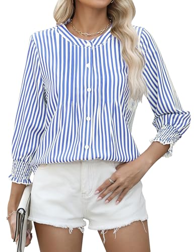 Womens 3/4 Sleeves Button Down Shirts Pleated Chiffon Blouses Business Casual Tops Work Office Tshirt