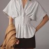 51GLKRMVHxL.jpg Women??s Striped Button Down Shirt Summer Pleated Short Sleeve Tops Collared Peplum Blouse Business Casual Outfits