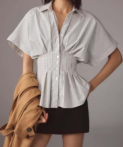 51GLKRMVHxL.jpg Women??s Striped Button Down Shirt Summer Pleated Short Sleeve Tops Collared Peplum Blouse Business Casual Outfits