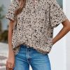 Womens Tops Summer Boho Floral Short Sleeve Button Down Shirts Crewneck Loose Vacation Dressy Casual Work Blouses