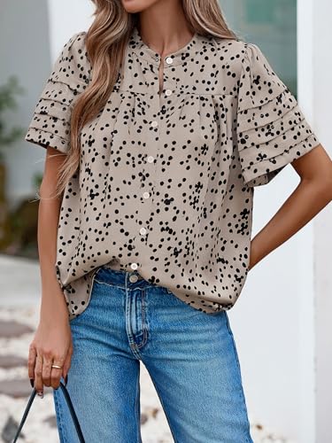 Womens Tops Summer Boho Floral Short Sleeve Button Down Shirts Crewneck Loose Vacation Dressy Casual Work Blouses