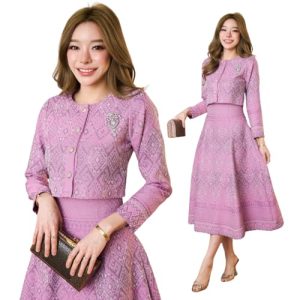Women's Two-Piece Jacquard Dress Set, Pink Floral Pattern, Long Sleeve Cropped Jacket with Brooch, Midi A-Line Skirt
