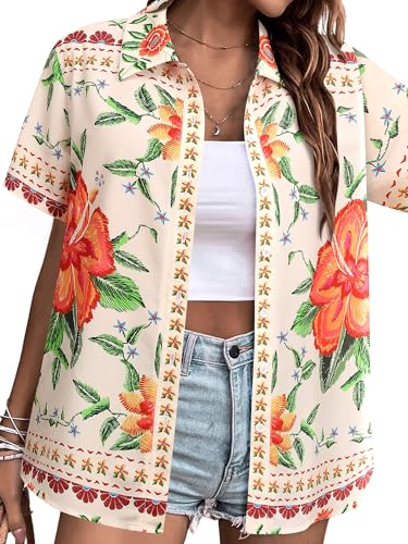51MqvY3JbNL.jpg ???? Womens Hawaiian Shirt Luau Party Tropical Vacation Button Down Shirts Short Sleeve Beach Hawaii Floral Print Top